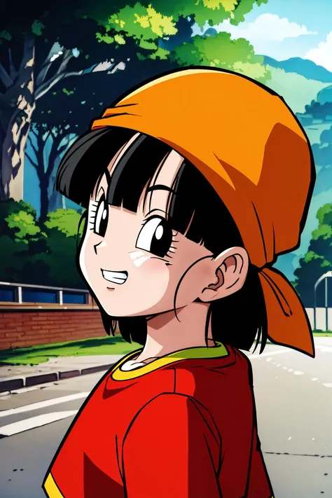 masterpiece,
<lora:panGT:0.7> 1girl, solo, short black hair, (black eyes),
orange bandana, red crop top,
portrait, sunlight, smile, raised eyebrows, teeth, looking back, from side,
street, outdoors,