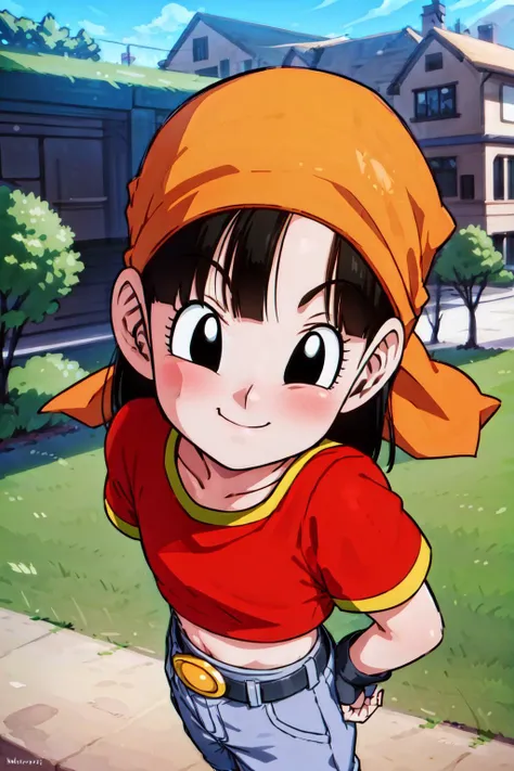 masterpiece, 
  1girl, solo, short black hair, (black eyes),  pan, 
from above, smile, portrait, looking at viewer, outside building, street
bandana, red shirt
blue sky, building, sunlight,
