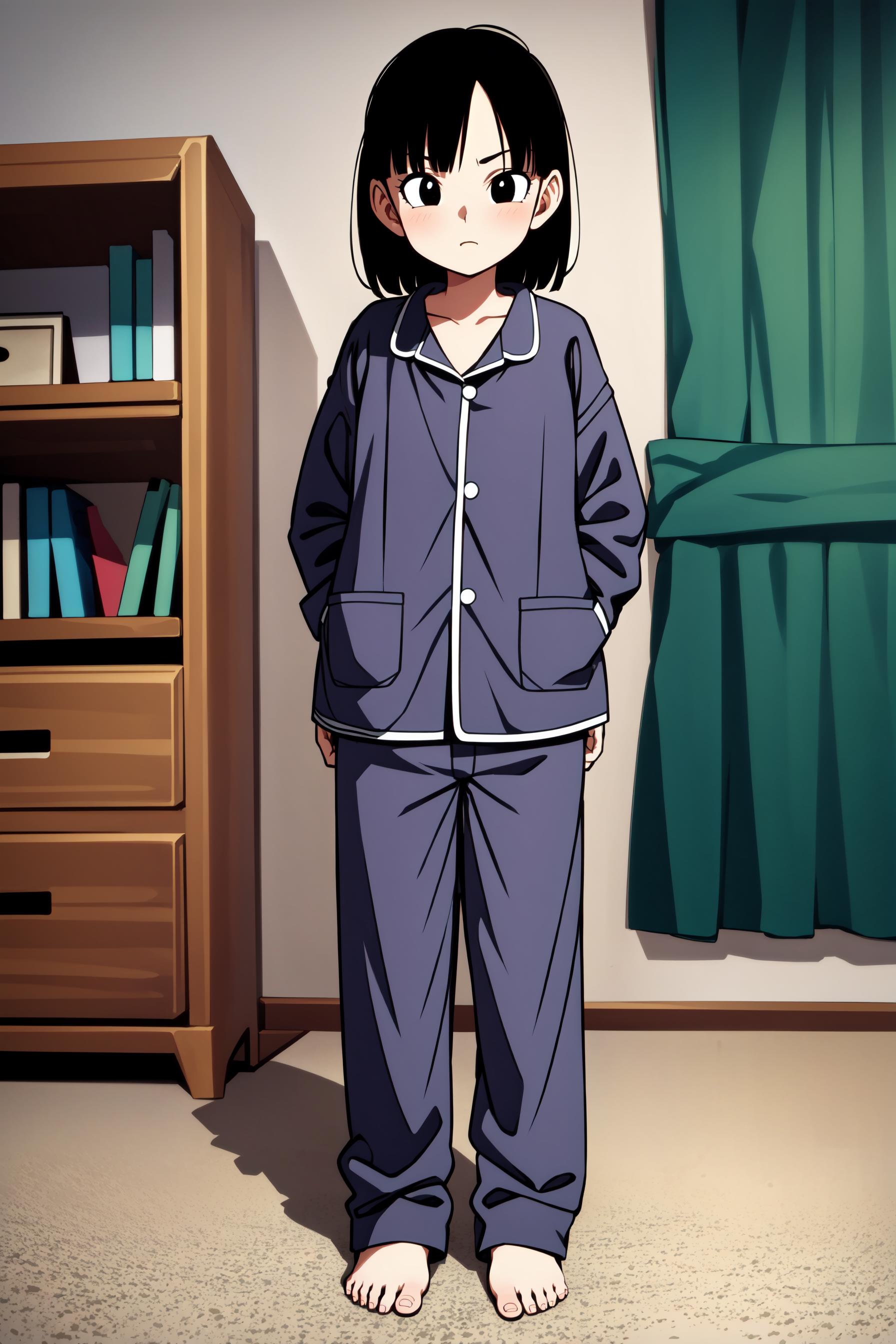 Character Student Pyjamas Anime character in pajamas standing in front of a bookcase - SeaArt AI