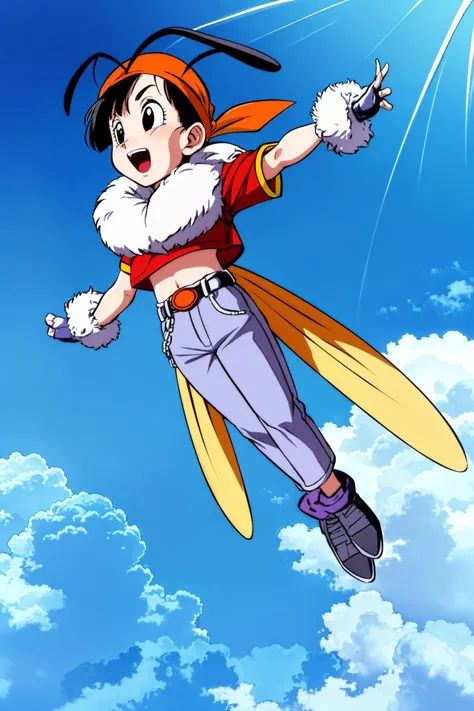 masterpiece,
<lora:panGT:0.6> 1girl, solo, short black hair, (black eyes), 
flying, midair, blue sky, cloud, 
bee costume, antennae, insect wings, fur trim
bandana, red crop top, midriff, fingerless gloves, capri pants, chain, purple socks, sneakers,