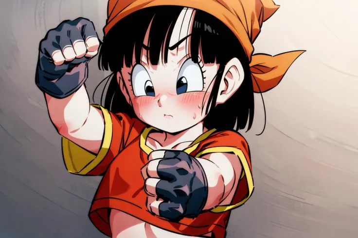 pangt, 1girl, solo, blush, short hair, crop top, dancing, collarbone, black hair, upper body, big ears, eyelashes, short sleeves, black gloves, fingerless gloves, sweatdrop, black eyes, red crop top, clenched hands, bandana, clenched hands, midriff
<lora:panAI:0.8>