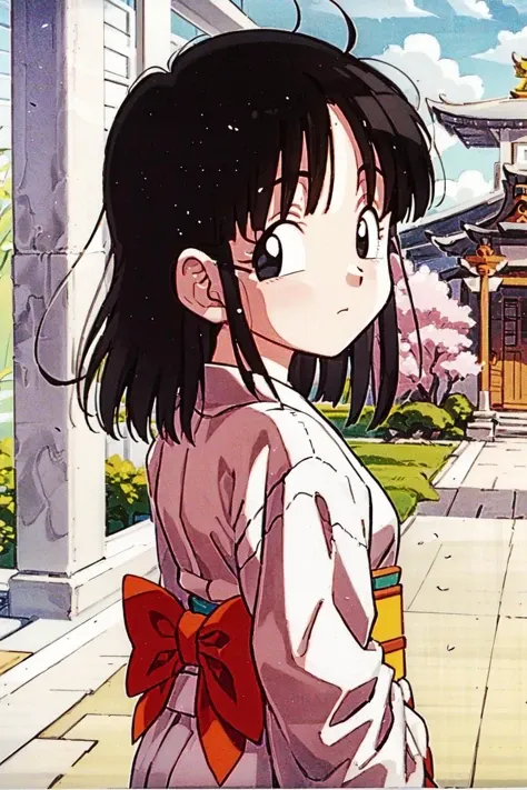 pangt, 1girl, solo, blush, short hair, black hair, bangs, eyelashes, black eyes, white kimono,
cherry blossoms, temple gate,
looking back, looking at viewer,
sunlight,
retro artstyle, 1990s \(style\),
<lora:panAI:0.8>