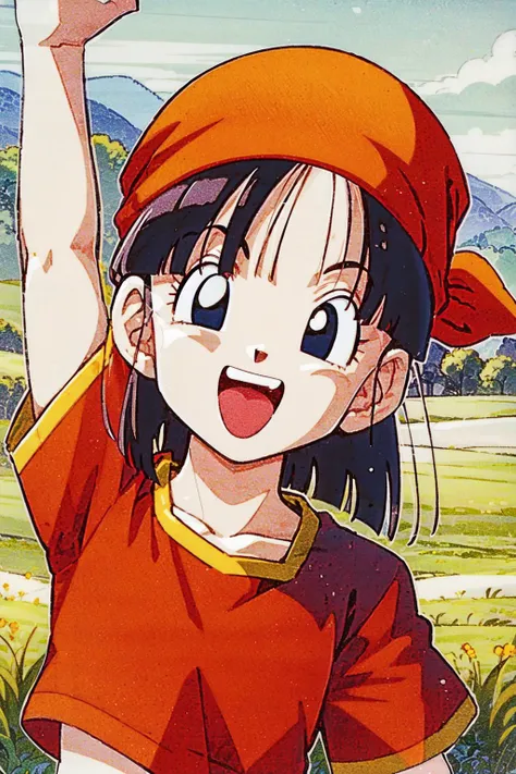 pangt, 1girl, solo, smile, open mouth, bangs, happy, grass, black hair, field, collarbone, upper body, :d, teeth, blunt bangs, outdoors, black eyes, arm up, eyelashes, upper teeth only, happy, red crop top, facing viewer, close-up, bandana, retro artstyle, , 1990s \(style\), orange headwear, tongue, raised eyebrows, arms up, short hair,
<lora:panAI:0.8>