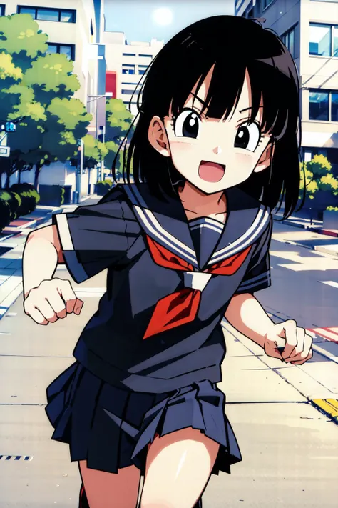 pangt, 1girl, solo, looking at viewer, short hair, black hair, bangs, black eyes, eyelashes,
running,
school uniform,
street, city, sunlight,
<lora:panAI:0.8>