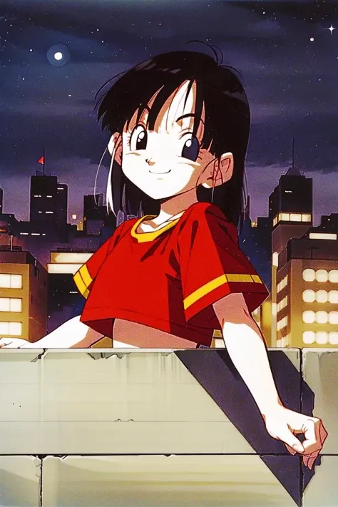 pangt,
<lora:panAI:0.8>, 1girl, solo, looking at viewer, short hair, black eyes, black hair, bangs, eyelashes, smile,
red crop top, short sleeves,
portrait,
from side, against a wall, leaning back,
retro artstyle, 1990s \(style\),
city, skyline, night sky,
