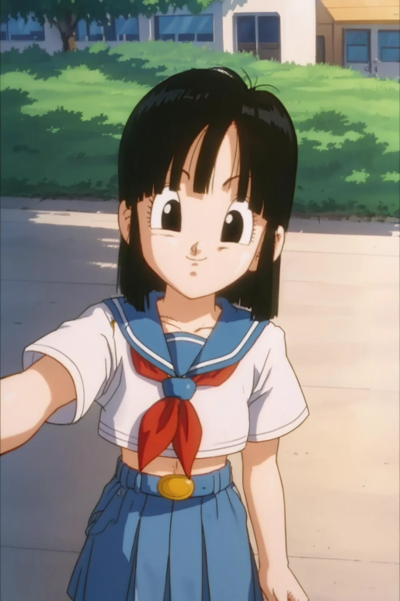 source_anime, score_9, score_8_up, score_7_up, anime screencap,
pangt, 1girl, solo, looking at viewer, short hair, black hair, bangs, black eyes, eyelashes, selfie, from above, school uniform, street, city, sunlight, retro artstyle, 1990s \(style\),
<lora:pan_pony_v1:1>