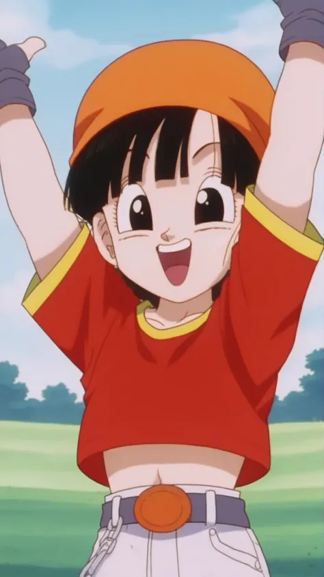 source_anime,score_9,score_8_up,score_7_up,anime screencap,
pangt,1girl,solo,smile,open mouth,bangs,happy,grass,black hair,field,collarbone,upper body,:d,teeth,blunt bangs,outdoors,black eyes,arm up,eyelashes,upper teeth only,red crop top,facing viewer,bandana,retro artstyle,1990s \(style\),orange headwear,tongue,raised eyebrows,arms up,short hair,
<lora:pan_pony_v1:0.9>,