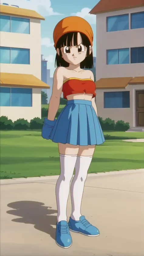 score_9,score_8_up,score_7_up,
anime screencap,pangt,1girl,solo,bangs,angry,grass,black hair,outdoors,city,collarbone,blunt bangs,black eyes,eyelashes,facing viewer,retro artstyle,1990s \(style\),orange headwear,raised eyebrows,short hair,tube top,mini skirt,full body,sleeveless,
<lora:pan_pony_v1:0.7>,