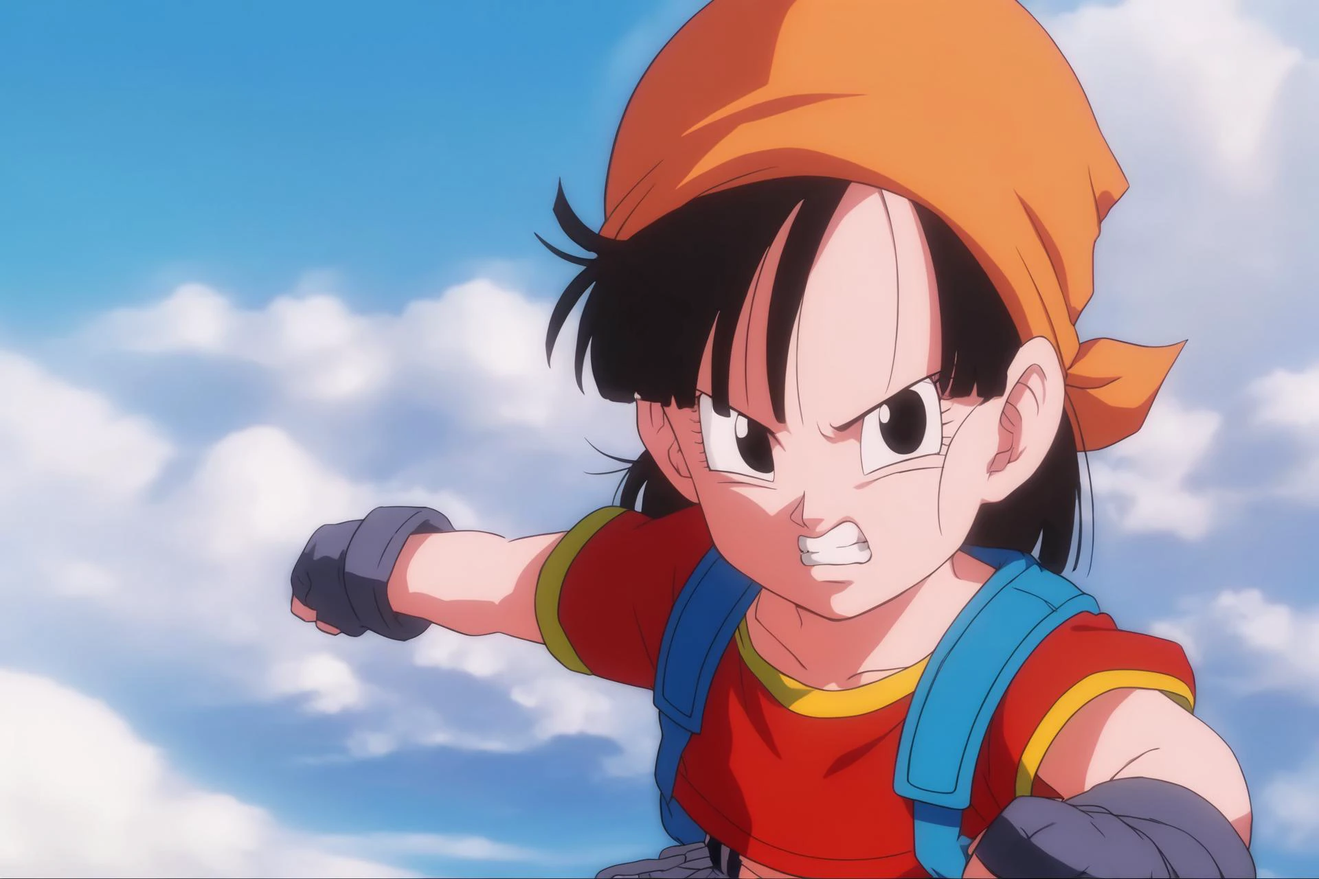 source_anime, score_9, score_8_up, score_7_up, anime screencap,
pangt, 1girl, solo, looking at viewer, short hair, crop top, black hair, short sleeves, sky, teeth, day, cloud, fingerless gloves, black eyes, eyelashes, big ears, blue sky, clenched teeth, red crop top, floating hair, flying, bandana, female , backpack, clenched hands, midair, orange headwear, mountain, serious
<lora:pan_pony_v1:1>
