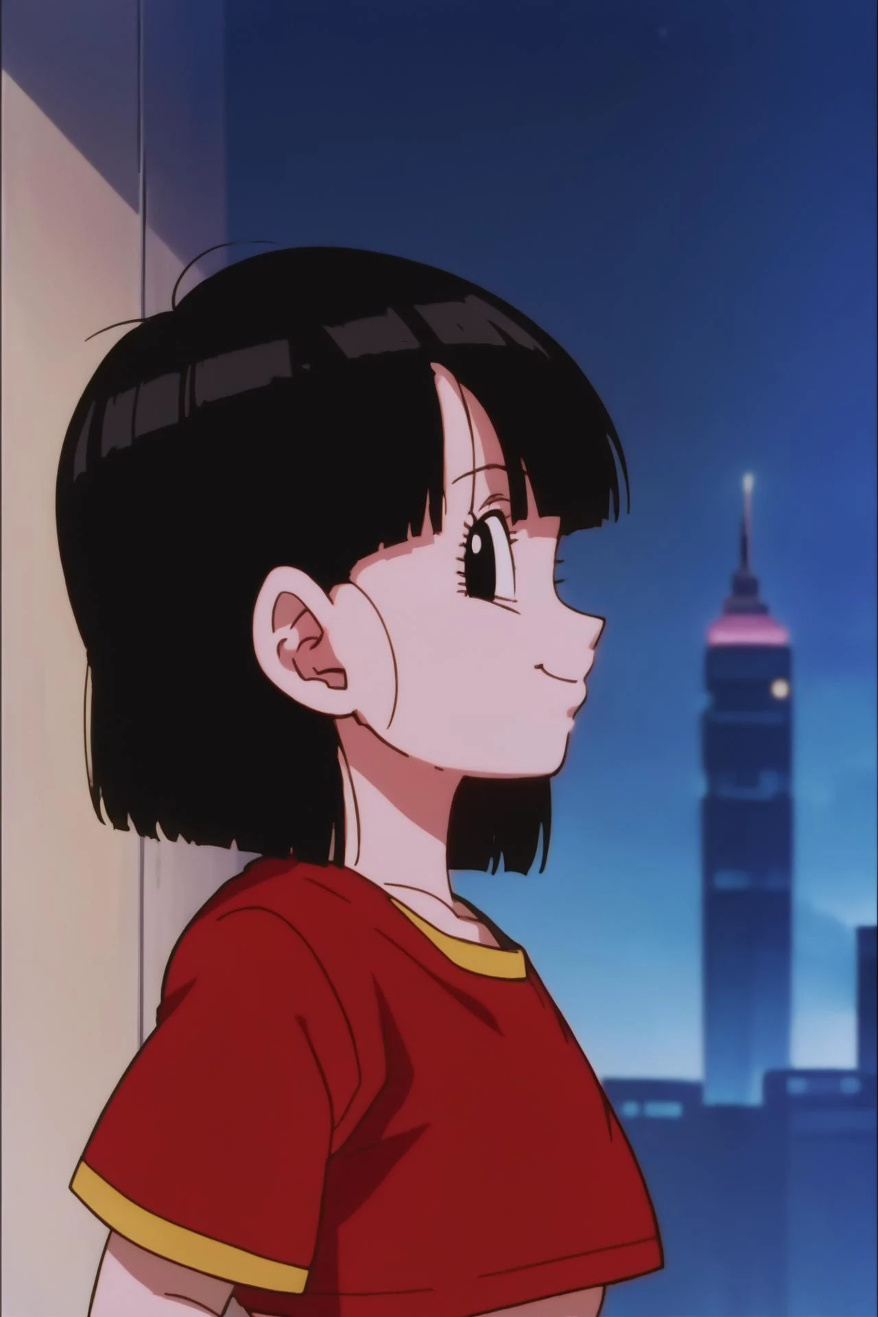 source_anime, score_9, score_8_up, score_7_up, anime screencap,
1girl, solo, looking at viewer, short hair, black eyes, black hair, bangs, eyelashes, smile, red crop top, short sleeves, portrait, from side, against a wall, leaning back, city, skyline, night sky,
<lora:pan_pony_v1:1>