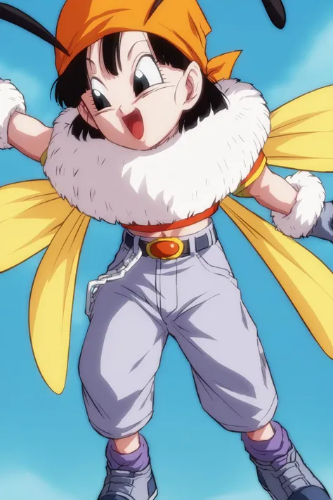 source_anime, score_9, score_8_up, score_7_up, anime screencap,
pangt, 1girl, solo, smile, short hair, open mouth, bangs, blue sky, black hair, navel, :d, black gloves, midriff, belt, grey pants, fingerless gloves, eyelashes, big ears, black eyes, chain, blue background, bandana, red crop top, bee costume, antennae, capri pants, midair, orange headwear, raised eyebrows, looking at another, looking away, insect wings, fur trim
<lora:pan_pony_v1:1>