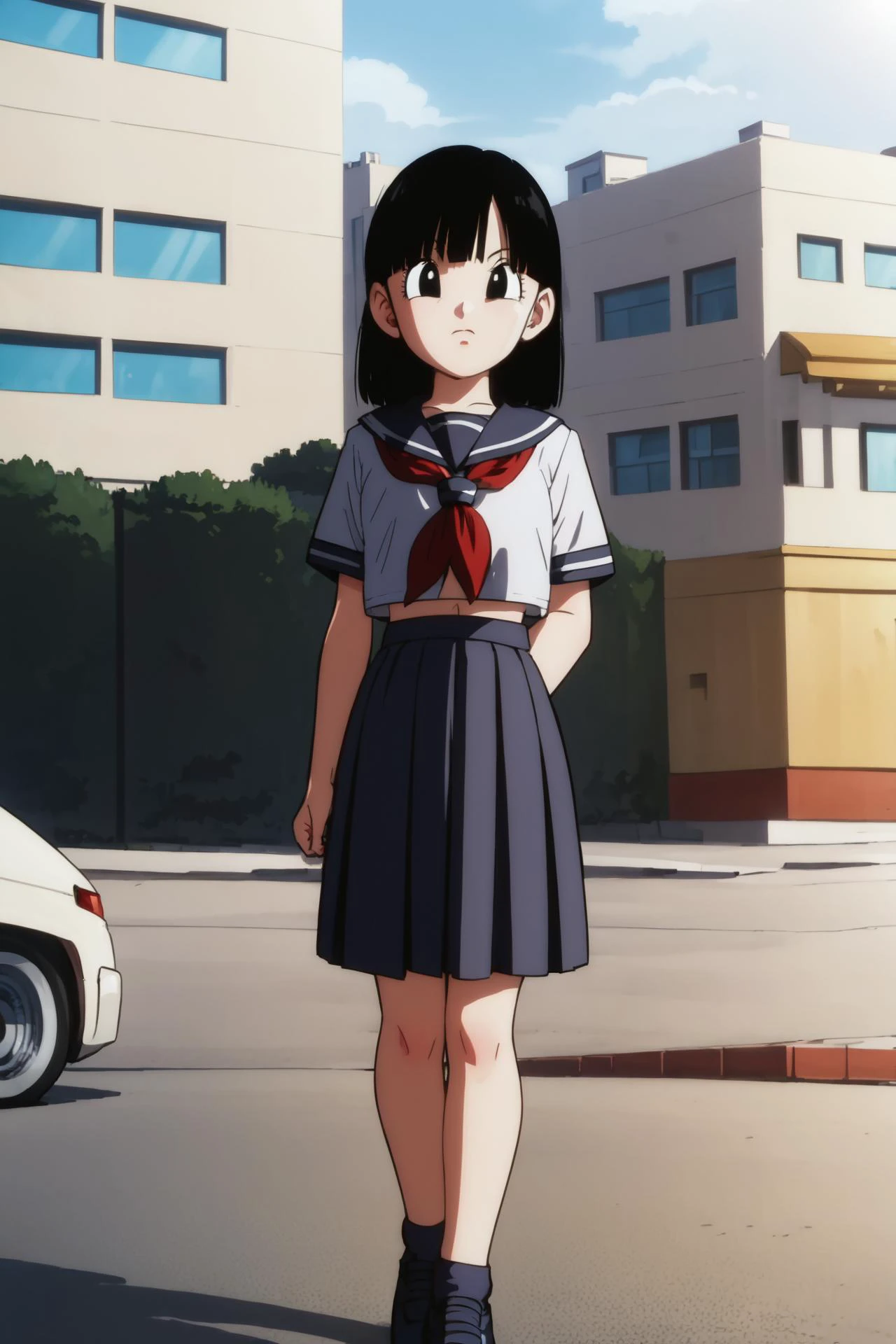 source_anime, score_9, score_8_up, score_7_up, anime screencap,
pangt, 1girl, solo, looking at viewer, short hair, black hair, bangs, black eyes, eyelashes, running, school uniform, street, city, sunlight,
<lora:pan_pony_v1:1>