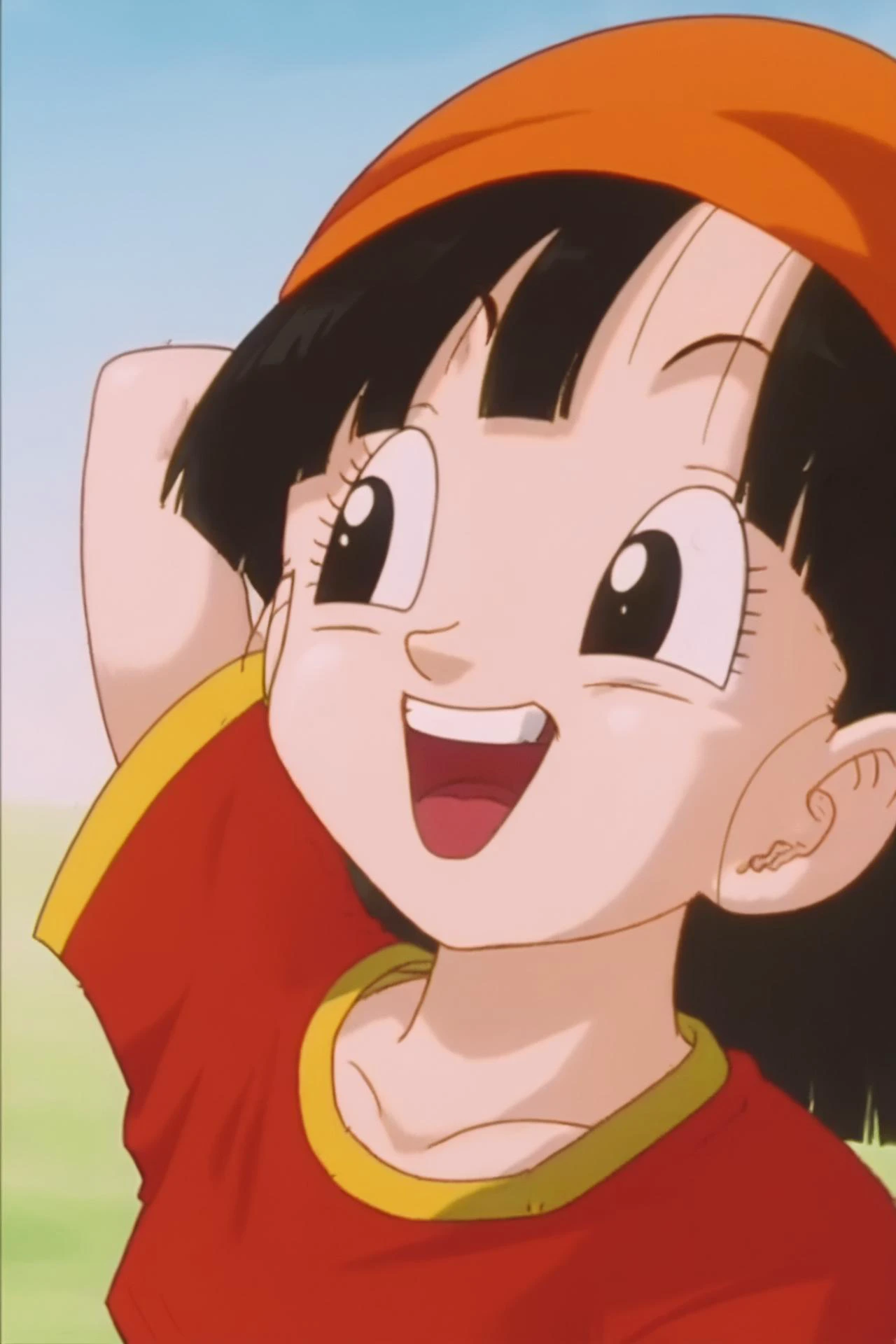 source_anime, score_9, score_8_up, score_7_up, anime screencap,
pangt, 1girl, solo, smile, open mouth, bangs, happy, grass, black hair, field, collarbone, upper body, :d, teeth, blunt bangs, outdoors, black eyes, arm up, eyelashes, upper teeth only, happy, red crop top, facing viewer, close-up, bandana, retro artstyle, , 1990s \(style\), orange headwear, tongue, raised eyebrows, arms up, short hair,
<lora:pan_pony_v1:1>