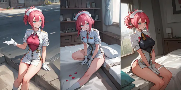 (otherworldly), highly insanely detailed, masterpiece, top quality, best quality, highres, 4k, 8k, RAW photo, (very aesthetic, beautiful and aesthetic),
1girl,
Garn3tRumble, 1girl, solo, large breasts, white gloves, white dress, short sleeves, open clothes, aqua eyes, white headwear, short dress, side slit, zipper, folded ponytail, nurse cap, collared dress, unzipped, leotard under clothes, pink leotard, open dress,
(flower, falling petals, petals on liquid, petals, cherry blossom:0.8),
<lora:Garn3tRumble-10:0.7>, (fantasy world)
