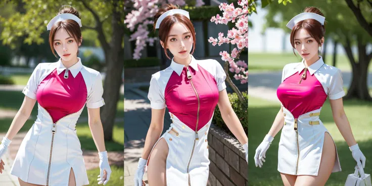(otherworldly), highly insanely detailed, masterpiece, top quality, best quality, highres, 4k, 8k, RAW photo, (very aesthetic, beautiful and aesthetic),
1girl,
Garn3tRumble, 1girl, solo, large breasts, white gloves, white dress, short sleeves, open clothes, aqua eyes, white headwear, short dress, side slit, zipper, folded ponytail, nurse cap, collared dress, unzipped, leotard under clothes, pink leotard, open dress,
(flower, falling petals, petals on liquid, petals, cherry blossom:0.8),
<lora:Garn3tRumble-10:0.7>, (fantasy world)