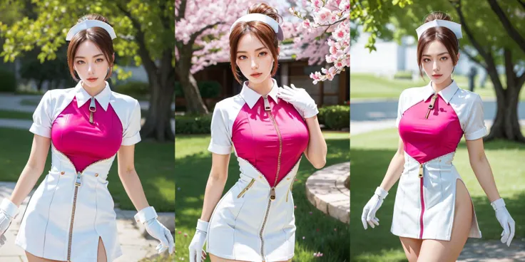 (otherworldly), highly insanely detailed, masterpiece, top quality, best quality, highres, 4k, 8k, RAW photo, (very aesthetic, beautiful and aesthetic),
1girl,
Garn3tRumble, 1girl, solo, large breasts, white gloves, white dress, short sleeves, open clothes, aqua eyes, white headwear, short dress, side slit, zipper, folded ponytail, nurse cap, collared dress, unzipped, leotard under clothes, pink leotard, open dress,
(flower, falling petals, petals on liquid, petals, cherry blossom:0.8),
<lora:Garn3tRumble-10:0.7>, (fantasy world)