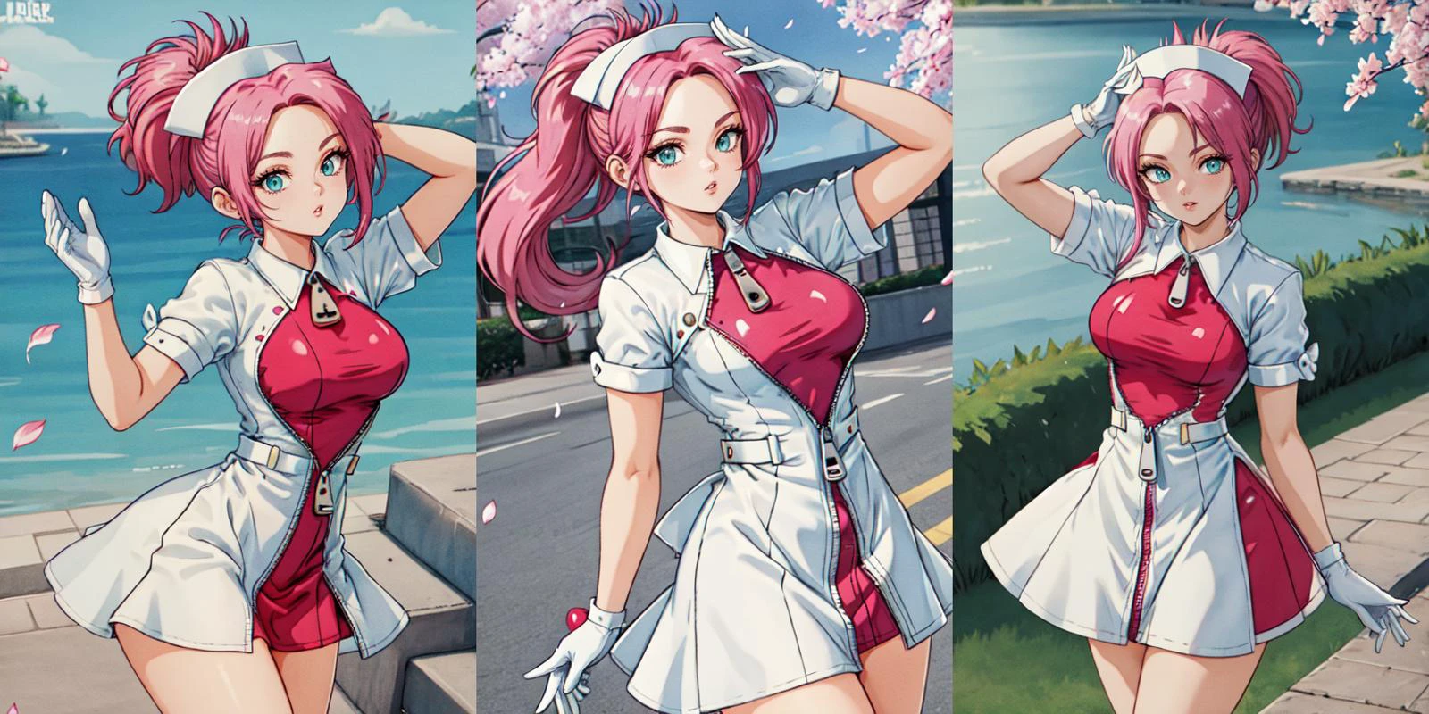 (otherworldly), highly insanely detailed, masterpiece, top quality, best quality, highres, 4k, 8k, RAW photo, (very aesthetic, beautiful and aesthetic),
1girl,
Garn3tRumble, 1girl, solo, large breasts, white gloves, white dress, short sleeves, open clothes, aqua eyes, white headwear, short dress, side slit, zipper, folded ponytail, nurse cap, collared dress, unzipped, leotard under clothes, pink leotard, open dress,
(flower, falling petals, petals on liquid, petals, cherry blossom:0.8),
<lora:Garn3tRumble-10:0.7>, (fantasy world)