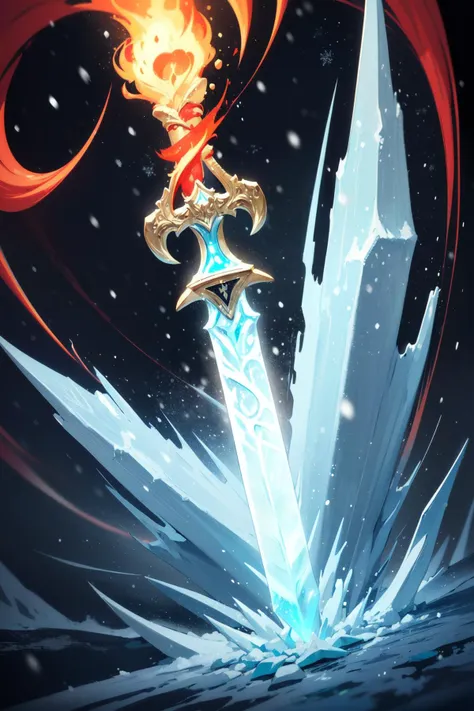 realistic,professional lighting,cinematic angle,(wide shot:1.4),(no humans:1.7),
BREAK
(legendary Sword,flame Sword:1.7),(magic,glowing,swirling flame:1.8),(sword stuck in it:1.4),pedestal,ruins,
BREAK
frozen,(snowing:1.5),(blizzard,snowstorm:1.7),diamond dust,(frozen forest,dark forest:1.2),nature,
BREAK
(fantasy:1.2),(ice World:1.6),(ice walls:1.2),<lora:boldline:-0.5>,<lora:hyperdetailer_v095:0.2>,, (masterpiece, ultra-detailed, best quality:1.5),
(high resolution:1.5),(beautiful pretty cute face, beautiful detailed eyes:1.3),
shiny skin,shiny hair,