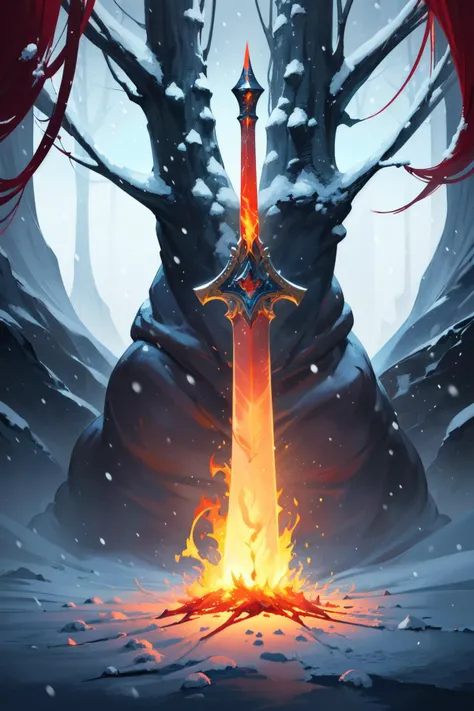 realistic,professional lighting,cinematic angle,(wide shot:1.4),(no humans:1.7),
BREAK
(legendary Sword,flame Sword:1.7),(magic,glowing,swirling flame:1.8),(sword stuck in it:1.4),pedestal,ruins,
BREAK
frozen,(snowing:1.5),(blizzard,snowstorm:1.7),diamond dust,(frozen forest,dark forest:1.2),nature,
BREAK
(fantasy:1.2),(ice World:1.6),(ice walls:1.2),<lora:boldline:-0.5>,<lora:hyperdetailer_v095:0.2>,, (masterpiece, ultra-detailed, best quality:1.5),
(high resolution:1.5),(beautiful pretty cute face, beautiful detailed eyes:1.3),
shiny skin,shiny hair,