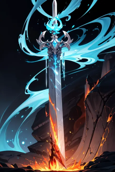 realistic,professional lighting,cinematic angle,(wide shot:1.4),(no humans:1.7),
BREAK
(legendary Sword,ice Sword:1.8),(magic,glowing,swirling blue flame:1.8),(ice floe,ice wings:1.1),(sword stuck in it:1.4),pedestal,ruins,
BREAK
(magma,molten rock,molten iron:1.5),(fire:1.5),(pillars of fire:1.7),(heat:1.5),nature,
BREAK
(fantasy:1.2),(lava area.volcano:1.7),mountain,<lora:boldline:-0.5>,<lora:hyperdetailer_v095:0.2>,, (masterpiece, ultra-detailed, best quality:1.5),
(high resolution:1.5),(beautiful pretty cute face, beautiful detailed eyes:1.3),
shiny skin,shiny hair,