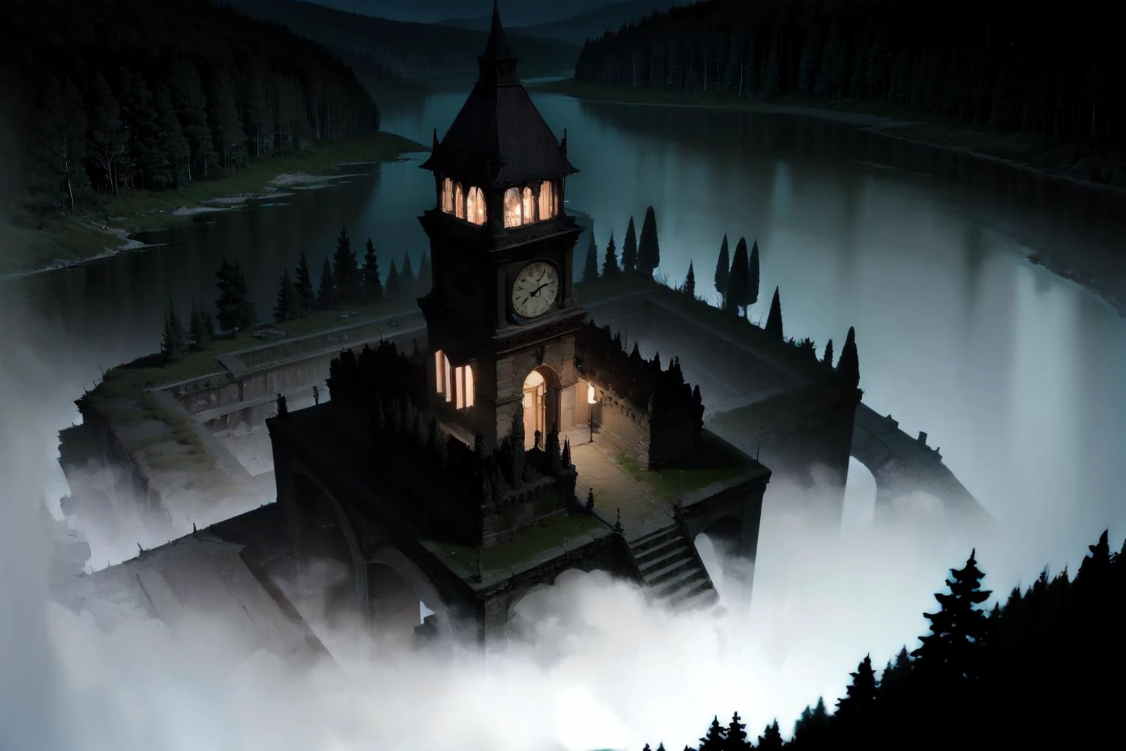 realistic,professional lighting,from above,wide shot,(no humans:1.7),
BREAK
(fantasy:1.5),(nature:1.8),(large lakes:1.5),(forest:1.5),fog,
BREAK
(small island:1.4),historic ruins,old clock tower,(old bridges:1.3),(broken bridge:1.2),
BREAK
outdoors,(at night,darkness,no light:1.7),<lora:boldline:-0.1>,<lora:hyperdetailer_v095:0.2>, <lora:darkness_v100:1>,, (masterpiece, ultra-detailed, best quality:1.5),
(high resolution:1.5),(beautiful pretty cute face, beautiful detailed eyes:1.3),
shiny skin,shiny hair,