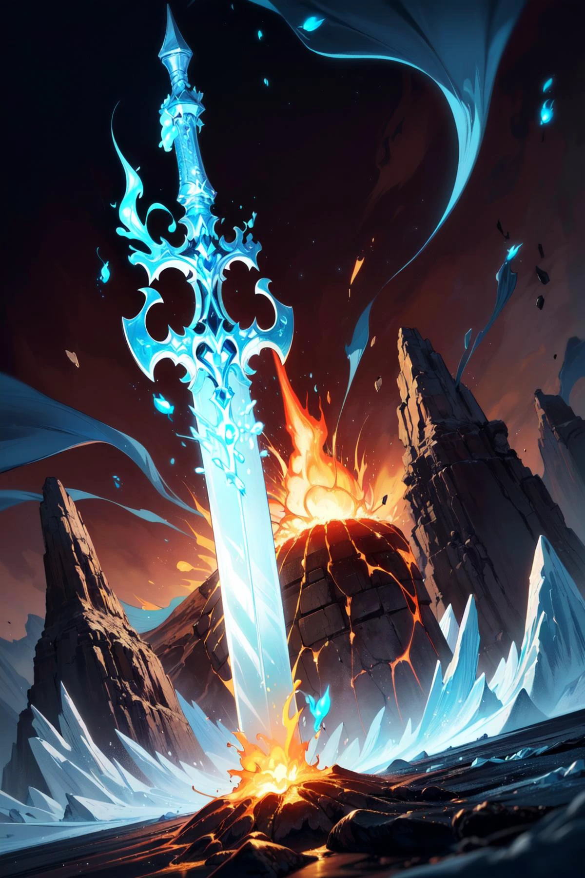 realistic,professional lighting,cinematic angle,(wide shot:1.4),(no humans:1.7),
BREAK
(legendary Sword,ice Sword:1.7),(magic,glowing,swirling blue flame:1.8),(ice floe,ice wings:1.1),(sword stuck in it:1.4),pedestal,ruins,
BREAK
(magma,molten rock,molten iron:1.5),(fire:1.5),(pillars of fire:1.7),(heat:1.5),nature,
BREAK
(fantasy:1.2),(lava area,volcano:1.5),mountain,<lora:boldline:-0.5>,<lora:hyperdetailer_v095:0.2>,, (masterpiece, ultra-detailed, best quality:1.5),
(high resolution:1.5),(beautiful pretty cute face, beautiful detailed eyes:1.3),
shiny skin,shiny hair,
