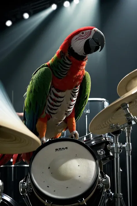 animal, (parrot playing drums:1.4),  drumkit, action, speed, dramatic light, smoke effects, stage, spotlight, theatrical atmospheric