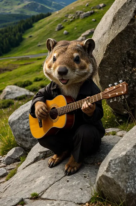 groundhog sitting on a rock playing guitar, in the mountains, rocks, music instrument, harp, grass, stones, cinematic, funky,