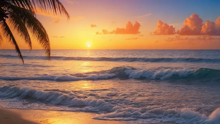 exotic beach, sunset, warm light, tropical, palm tree, waves, sea,