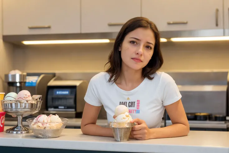 <lora:l_pld_pearsbd2n_sd_64_32:0.8> woman sitting in front of a counter with ice cream, pleading expression
