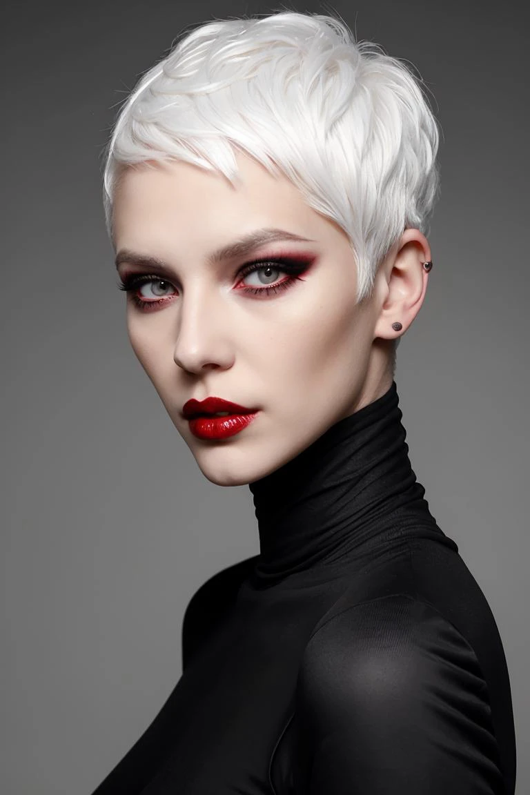 demonic woman, white hair, short hair, black dress, makeup, red eyes,