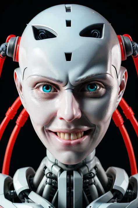 <lora:l_sin_se_sd_64_32:1> robot, plastic skin, cables, interfaces, (sadistic expression), face, highly-detailed,