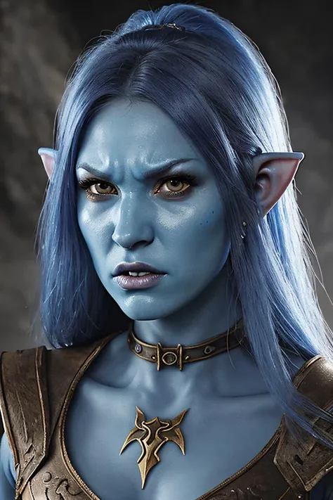 <lora:l_ang_ae_sd_64_32:1> fantasy, female elf, blue skin, angry expression, highly-detailed,