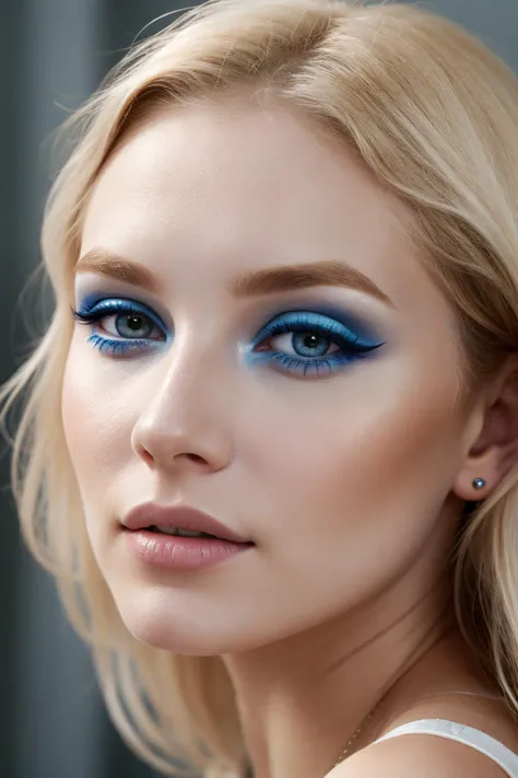 woman, blonde hair, pale skin, blue eyeshadow, makeup, portrait, face, cool, soft light, highly-detailed, ultra-realistic,