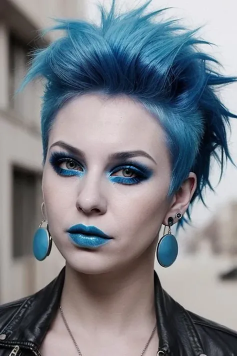 woman, blue hair, punk, torn clothes, makeup, earrings, crazy hair,