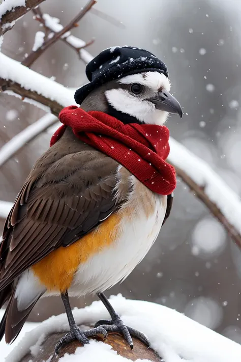 bird with a warm hat, scarf, freezing, snow, snowfall, sitting on a powerline,