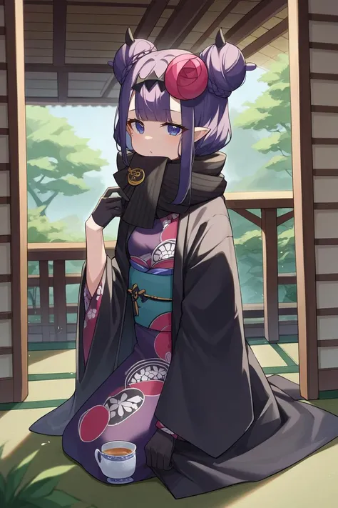 score_9, score_8_up, source_anime, 1girl, solo BREAK <lora:ninomae_inanis_sdxl_pony:1> inanewyears, purple kimono, floral print, obiage, double bun, hair flower, black cardigan, black scarf, black gloves, horns, mole under eye, seiza, kneeling, looking at viewer, japanese architecture, tea ceremony, green tea