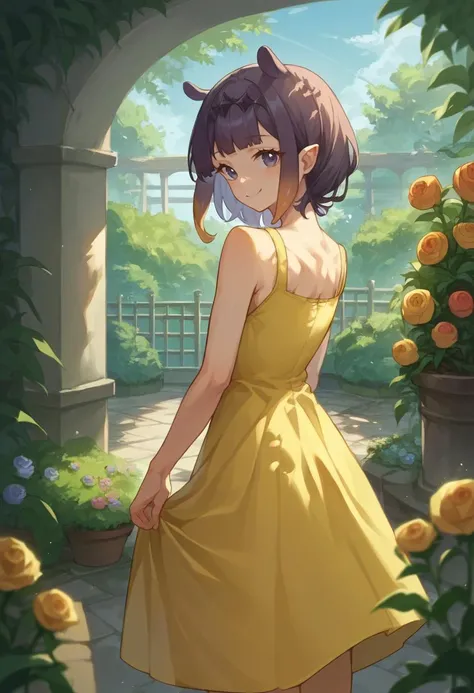score_9, score_8_up, score_7_up, source_anime, 1girl, solo, ina, from behind, yellow sundress, garden, day, sunshine, smile, looking back, <lora:inaXL:1.0>