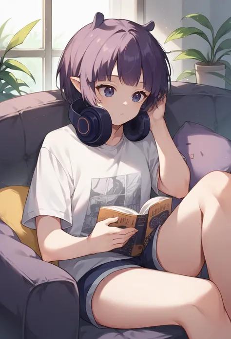 score_9, score_8_up, score_7_up, source_anime, 1girl, solo, inacasual, white t-shirt, short shorts, short hair, headphones around neck, sitting, indoors, couch, pillows, reading book, <lora:inaXL:1.0>