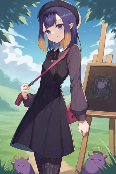 score_9, score_8_up, source_anime, 1girl, solo BREAK <lora:ninomae_inanis_sdxl_pony:1> inapainter, pinafore dress, pinstripe shirt, beret, pantyhose, pinstripe pattern, shoulder bag, mole under eye, easel, field, blue sky, looking at viewer, smile, canvas