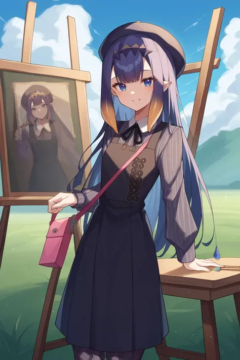 score_9, score_8_up, source_anime, 1girl, solo BREAK <lora:ninomae_inanis_sdxl_pony:1> inapainter, pinafore dress, pinstripe shirt, beret, pantyhose, pinstripe pattern, shoulder bag, mole under eye, easel, field, blue sky, looking at viewer, smile, canvas