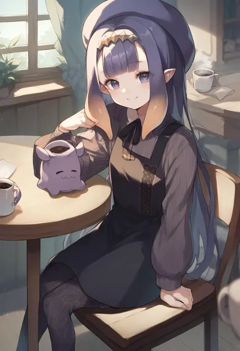 score_9, score_8_up, score_7_up, source_anime, inapainter, pinafore dress, pinstripe shirt, beret, pantyhose, pinstripe pattern, shoulder bag, mole under eye, sitting, indoors, cozy shop, table, coffee mug, smile, <lora:inaXL:1.0>