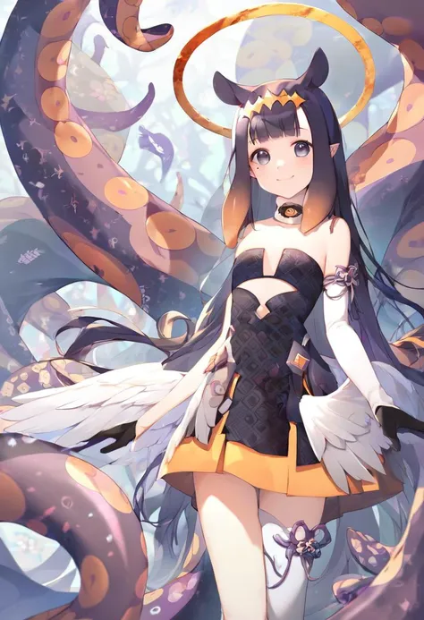 score_9, score_8_up, score_7_up, high resolution, masterpiece, high quality, best quality, highly detailed, rating questionable, detailed background, 1girl, inapriestess, strapless dress, single thighhigh, single detached sleeve, black gloves, low wings, halo, tentacles, mole under eye, smile, happy <lora:inaXL:1>,