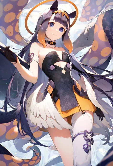 score_9, score_8_up, score_7_up, high resolution, masterpiece, high quality, best quality, highly detailed, rating questionable, detailed background, 1girl, inapriestess, strapless dress, single thighhigh, single detached sleeve, black gloves, low wings, halo, tentacles, mole under eye, smile, happy <lora:inaXL:1>,