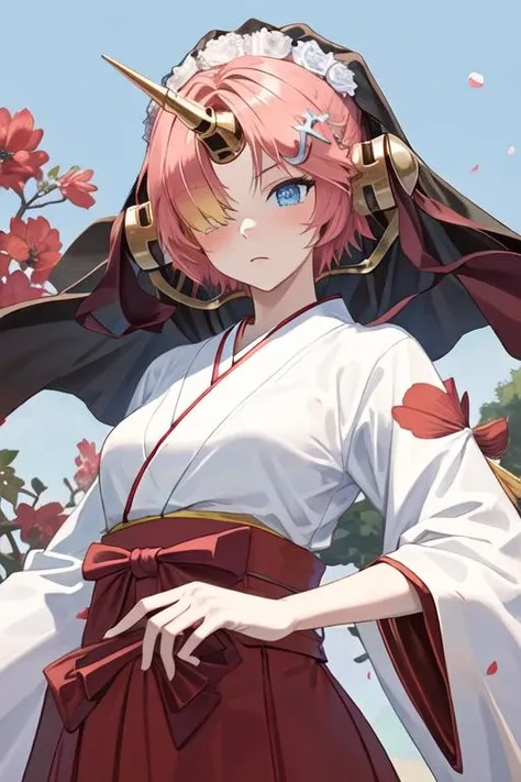 best quality, masterpiece, highres, solo, {white kimono:1.35}, {red hakama:1.35}, {wide sleeves:1.20}, {frankenstein_fgo:1.15}, horns, single_horn, mechanical_horns, pink_hair, short_hair, blue_eyes, veil, breasts, yellow_eyes, heterochromia, hair_over_one_eye, hair_ornament