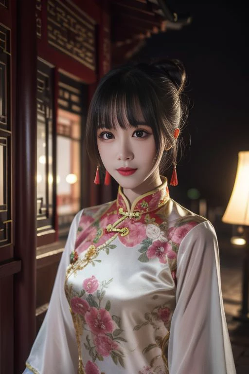 ltra-detailed,highly detailed,best quality,masterpiece,illustration,realistic,photorealistic,
koudai, 1girl, solo,
chinese clothes, chinese clothes,
bangs,hair bun,
looking at viewer,
upper body,
night,outdoors, east asian architecture, courtyard, paper lantern,
<lora:koudai_v1_03:0.7>