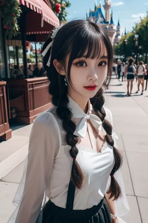 ltra-detailed,highly detailed,best quality,masterpiece,illustration,realistic,photorealistic,
koudai, 1girl, solo,
halter dress, suspender skirt, see-through,hair ribbon,
long hair, bangs, twin braids,
looking at viewer,
upper body,
disneyland, park,
<lora:koudai_v1_03:0.7>
