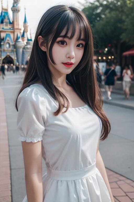 ltra-detailed,highly detailed,best quality,masterpiece,illustration,realistic,photorealistic,
koudai, 1girl, solo, cosplay, teacher,
puffy short sleeves dress,princess dress,
long hair, brown hair, bangs,
looking at viewer,
upper body,
disneyland, park,
<lora:koudai_v1_03:0.7>