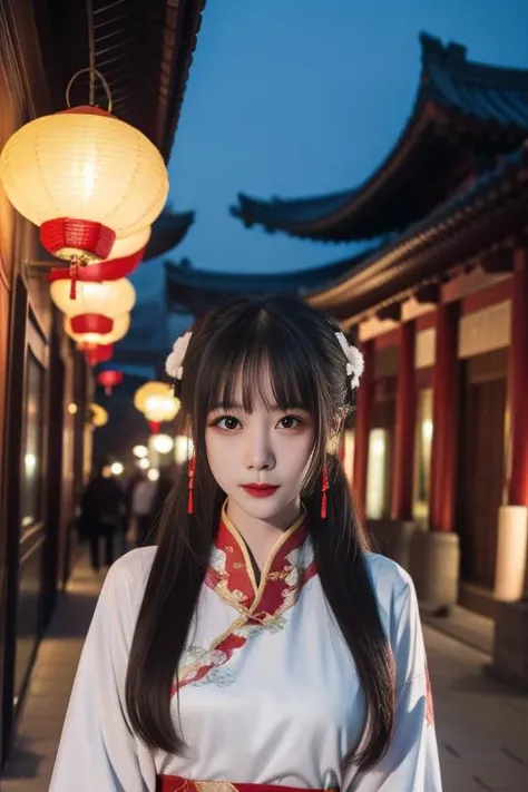 ltra-detailed,highly detailed,best quality,masterpiece,illustration,realistic,photorealistic,
koudai, 1girl, solo,
chinese clothes, hanfu,
bangs,hair bun,
looking at viewer,
upper body,
night,outdoors, east asian architecture, courtyard, paper lantern,
<lora:koudai_v1_03:0.7>