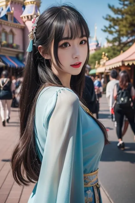 ltra-detailed,highly detailed,best quality,masterpiece,illustration,realistic,photorealistic,
koudai, 1girl, solo, cosplay, teacher,
chinese clothes,
long hair, bangs,
looking at viewer,
upper body,
disneyland, park,
<lora:koudai_v1_03:0.7>